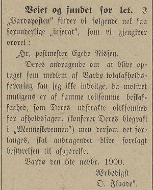 Avisklipp om leserinnlegg i Vardøposten fra Harstad Tidende 29.11.1900.jpg