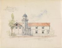 Fasadeoppriss mot inngangspartiet i hjørnet med tårnet. Foto: Tegning av Finn Knudsen/Nasjonalmuseet (juli 1896).