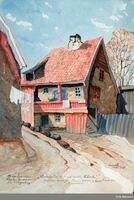 «Madam Figenschous / Logihus for artister / fra Klingenberg. / Vinkelgaten No 18, også kalt 'Helvete'», akvarell av Henrik Backer (1865–1948). Foto: Oslo Museum]] (1924).