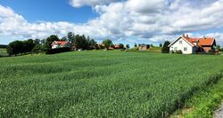 Vannbasseng/reservoar ved Berg gård til venstre. Pumpeanlegg mv i tilknytning til huset. Foto Steinar Bunæs.