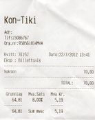 Billett/kvittering, Kon-Tiki-museet 2012. Foto: Stig Rune Pedersen