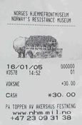 Billett/kvittering fra Norges Hjemmefrontmuseum fra 2005. Foto: Stig Rune Pedersen