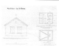 Teikning til skulehus «for 35 Børn» av Binneballe, henta frå Departementets typeteikningar og arkivera i Riksarkivet