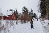 Fra skiløypa i Grønliåsen går det en avgreining til Bjørndal. Huset til venstre er våningshuset på den tidligere plassen Seterbråten. Foto: Leif-Harald Ruud (2014)