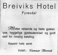 Annonse for Breiviks hotel 1925