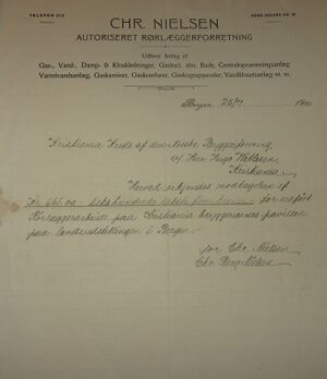 Brev fra Chr. Nielsen Autorisert rørlæggerforretning Bergen 1910.jpg