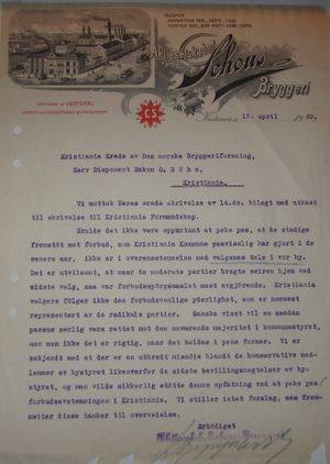 Brev fra Schous bryggeri Kristiania 1920.JPG