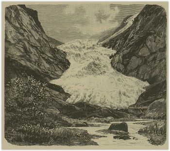 Briksdalsbreen, fra "Keiser Wilhelm II's Reiser i Norge i Aarene 1889 og 1890" v. Paul Güsfeldt, Cammermeyer 1891