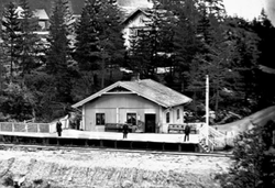 Bryns første stasjonsbygning var en liten trebygning på enkeltsporets sørøstre side. Foto: Origo - Norske jernbanestasjoner (1858).