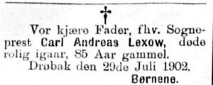 Carl Andreas Lexow dødsannonse Aftenposten 1902.JPG