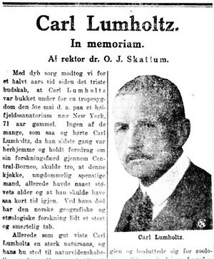 Carl Lumholtz minneord Aftenposten 1922.JPG