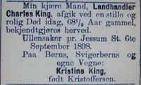 Charles King, dødsannonse i Aftenposten 1898.