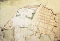 1646:Det eldste kjente kart over Christiania og Akershus festning. Det . Kgl. Bibliotek, København