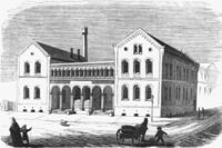 Den første bygningen. Xylografi fra åpningsåret 1858 av ukjent kunstner/Oslo Museum