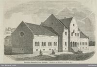 Christiania Dampvaskeri, Nedre Torvegade 16, oppført 1861, byggansvarlig Binneballe. Revet i 1920-åra til fordel for Torggata bad Xylografi av Andreas Ludvig Søborg/Oslo Museum (1860-årene)