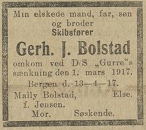 Dødsannonse Gerhard J. Bolstad Bergens Tidende 1917-04-14.JPG