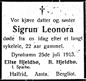 Dødsannonse Sigrun Leonora i Harstad Tidende 28. juli 1913.jpg