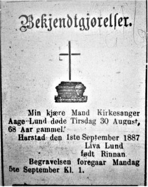 Dødsannonse for Aage Lund i Senjens Tidende 27.08. 1887.jpg