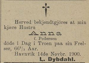 Dødsannonse for Anna Dybdahl i Harstad Tidende 19.11.1900.jpg