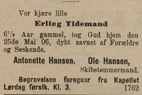 85. Dødsannonse for Erling Tidemand Hansen i Gjengangeren 29.05.1906.jpg