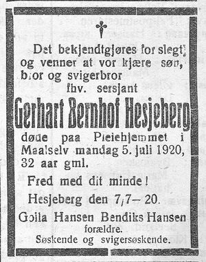 Dødsannonse for Gerhard Bernhof Hesjeberg i Haalogaland 08.07. 1920.jpg