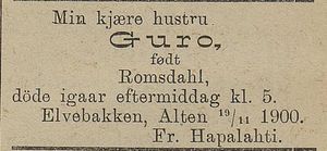 Dødsannonse for Guro Hapalahti i Harstad Tidende 19.11.1900.jpg