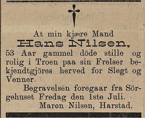 Dødsannonse for Hans Nilsen i Tromsø Amtstidende 30.06. 1898.jpg