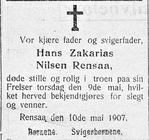 Dødsannonse for Hans Zakarias Nilsen Rensaa i Haalogaland 11.05. 1907.jpg