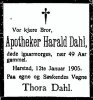Det ble søster Thora`s tunge plikt å få kunngjort dødsfallet i Harstad Tidende. Annonsen sto på trykk torsdag 12. juni 1905.