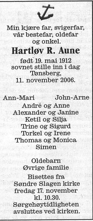 Dødsannonse for Hartløv R. Aune i Tønsbergs Blad 14.11.2006.jpg