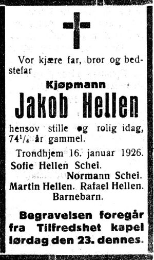 Dødsannonse for Jakob Hellen i Inntrøndelagen 20.1. 1926.jpg