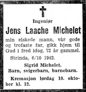 Dødsannonse for Jens Laache Michelet i Adresseavisen 8.10. 1942.jpg