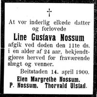 449. Dødsannonse for Line Gustava Nossum i Indtrøndelagen 18.4.1900.jpg