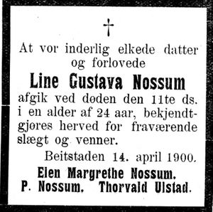 Dødsannonse for Line Gustava Nossum i Indtrøndelagen 18.4.1900.jpg