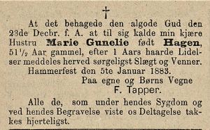 Dødsannonse for Marie Gunelie Tapper i Finnmarksposten 06.01. 1883.jpg