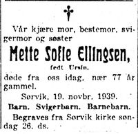 184. Dødsannonse for Mette Sofie Ellingsen i Harstad Tidende 22. november 1939.jpg