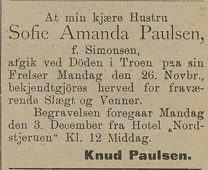 Dødsannonse for Sofie Amanda Paulsen i Harstad Tidende 19.11.1900.jpg
