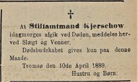 339. Dødsannonse for Stiftamtmand Chr. Kjerschow i Tromsø Amtstidende 20.04. 1889 .jpg