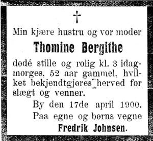 Dødsannonse for Thomine Bergithe Johnsen i Indtrøndelagen 18.4.1900.jpg