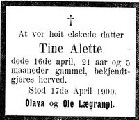 448. Dødsannonse for Tine Alette i Indtrøndelagen 18.4.1900.jpg