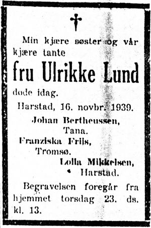 Dødsannonse for Ulrikke Lund i Harstad Tidende 22. november 1939.jpg