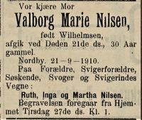 331. Dødsannonse for Valborg Marie Nilsen i Fredriksstad Tilskuer 24.09. 1910.jpg