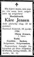 186. Dødsannonse for musikkfenrik Kaare Jensen i Harstad Tidende 22. november 1939.jpg