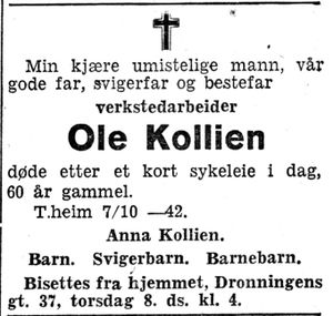 Dødsannonse for verkstedarbeider Ole Kollien i Adresseavisen 8.10. 1942.jpg