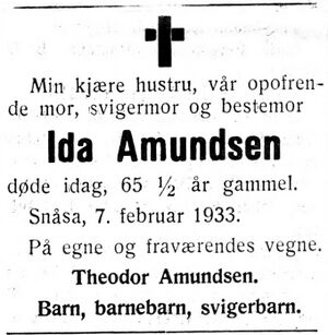 Dødsannonse fra Snåsa i Nord-Trøndelag og Nordenfjeldsk Tidende 09.02.33.jpg