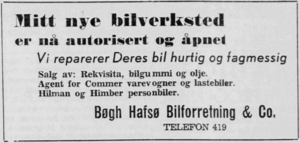 Dalane Tidende 1953-MAI-13 Bøgh Hafsø Bilforretning.png