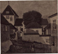 Morten Leuch ble stedt til hvile i det leuschske gravkapell ved Vår Frelsers kirke - det lengst til høyre av det tre som vises på bildet. Fra Familien Collett og Christianialiv i gamle dage, utgitt 1915.