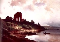 Domkirkeruinene malt av Joachim Frich i 1855. I forgrunnen, nede ved vannkanten, ligger det en kalkovn.