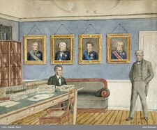 1889: Fra et møte mellom Helliesen (t. h.) og Herman Johan Foss Reimers (t.v.) i Finansdepartementet i den tidligere Generalitetsgården i Dronningens gate 15 i 1883.