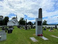 Motiv fra kirkegården ved Egge kirke. Til høyre i bildet ses gravminnene til  kvinnesaksforkjemperen Fredrikke Marie Qvam (1843-1938) og hennes mann, Venstre-politikeren Ole Anton Qvam (1834-1904). Foto: Elin Olsen (2020)